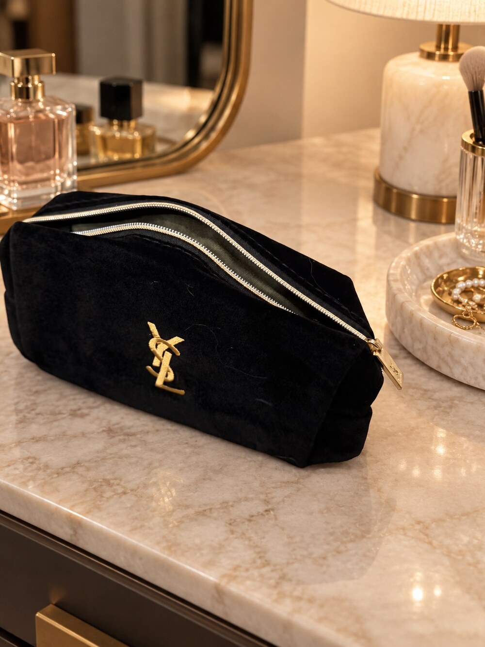 Yves Saint Laurent Black Velvet Makeup Bag | Velvet Cosmetic Organizer - Picture 6 of 6